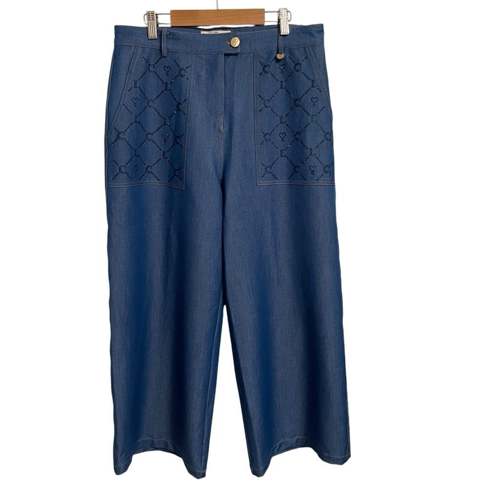 Lola Casademunt Denim Embellished Wide Leg Cropped High Rise Pants‎ Large
